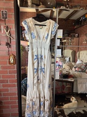 Farm by Farm Rio Boho Embroidered Maxi Dress - White with Blue & Tan Accents